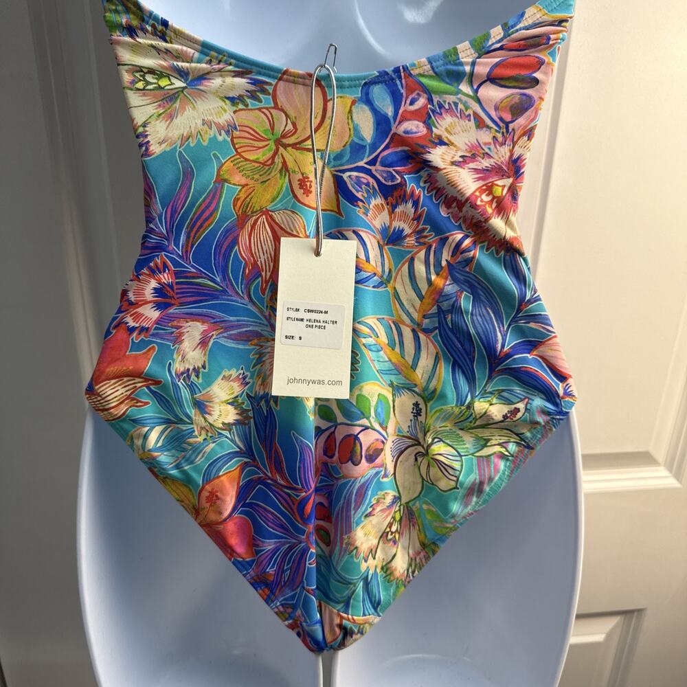 Johnny Was Size Small Helena Halter One Piece Swimsuit Blue Floral NWT $198 - Picture 7 of 11